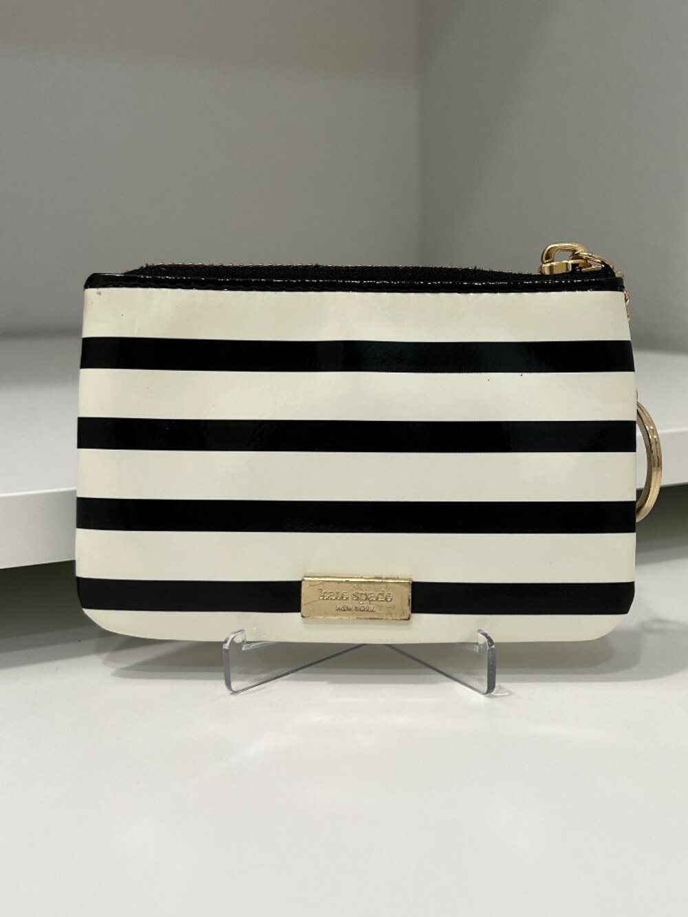 Kate Spade "Chelsea Park" Black & White Striped Bow Keychain Coin Pouch